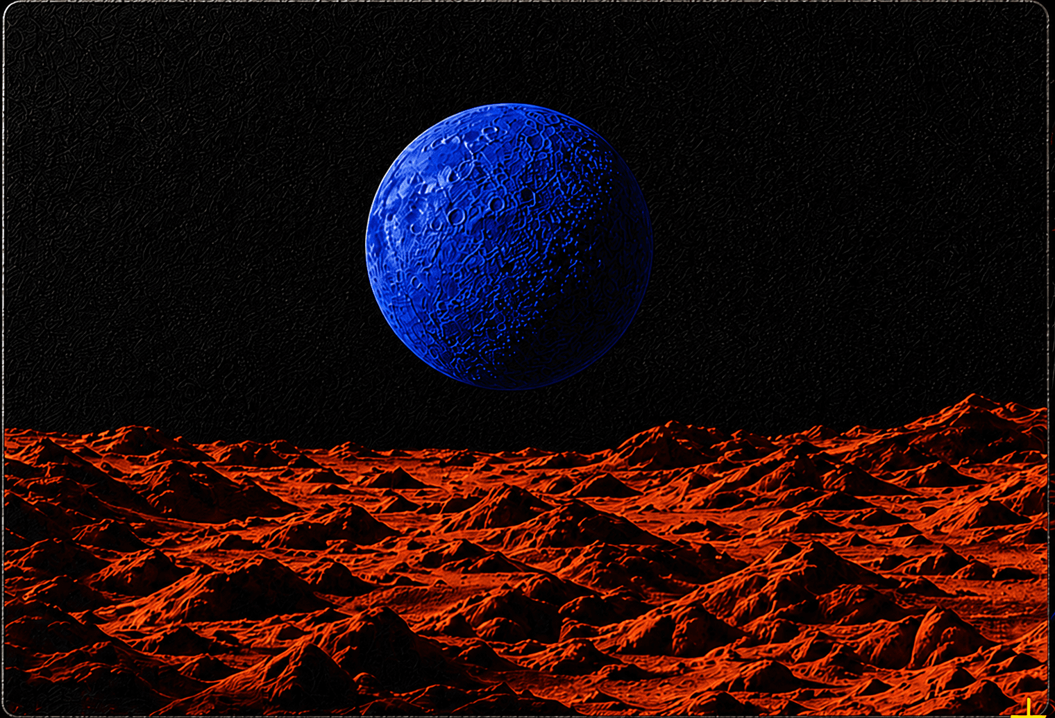 A cobalt moon above vermilion terrain.