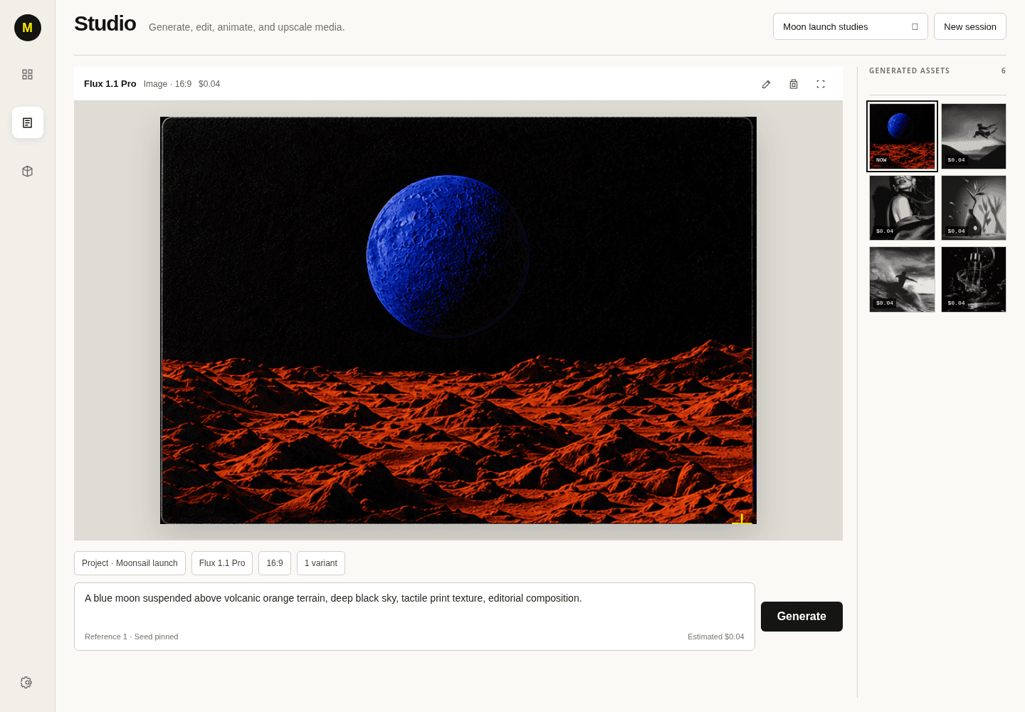 The current Moonsail Studio with a generated moon landscape, generation controls, and asset history.