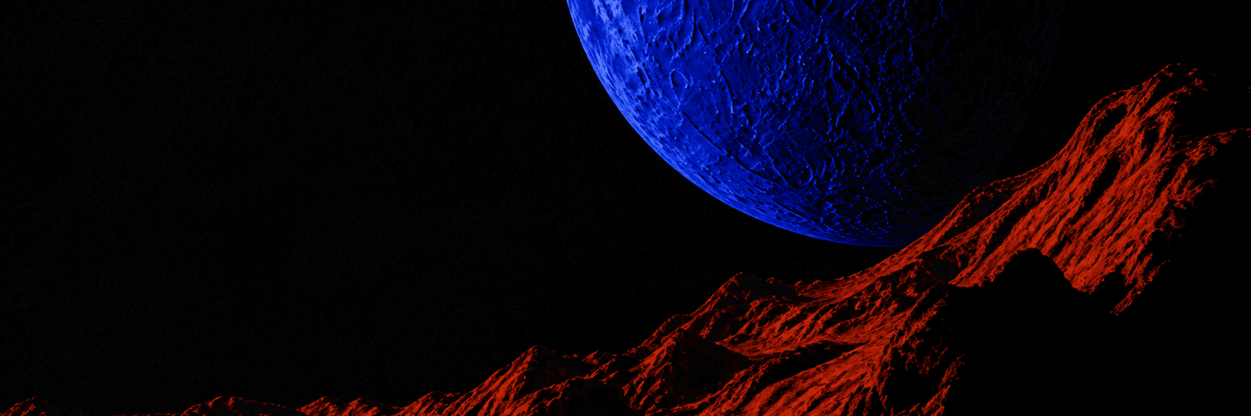An oblique cinematic composition with a cobalt moon passing close above a vermilion ridge.