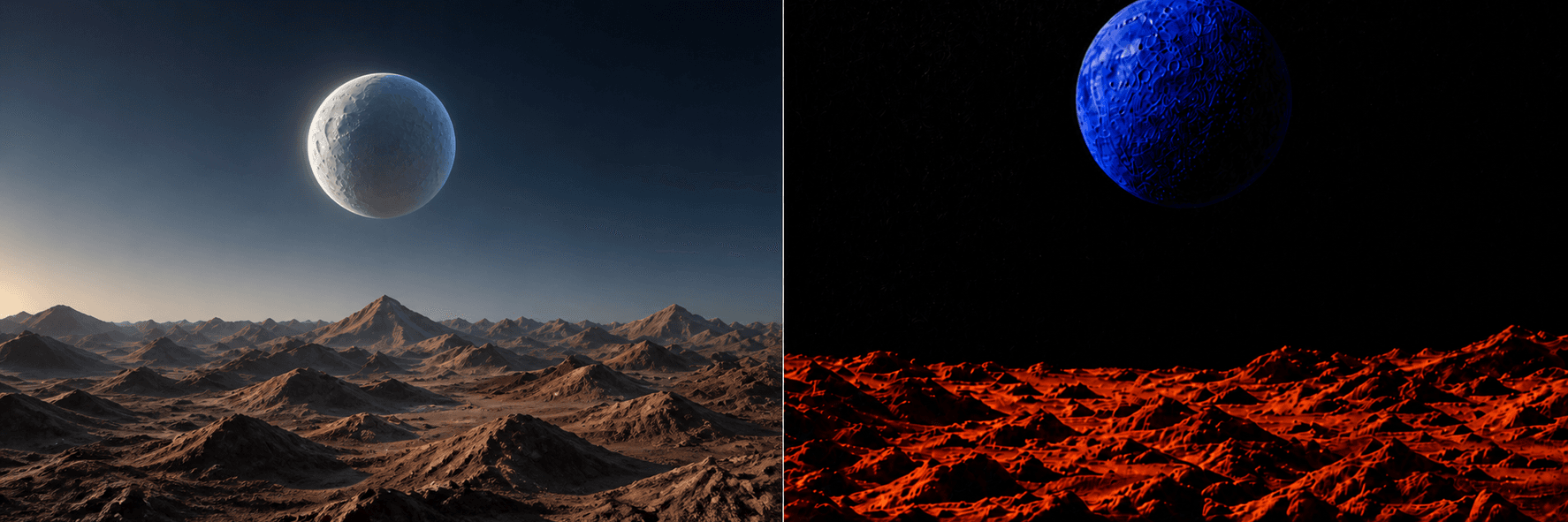 A conventional cinematic moon landscape beside the tactile version shaped by Moonsail guidance.