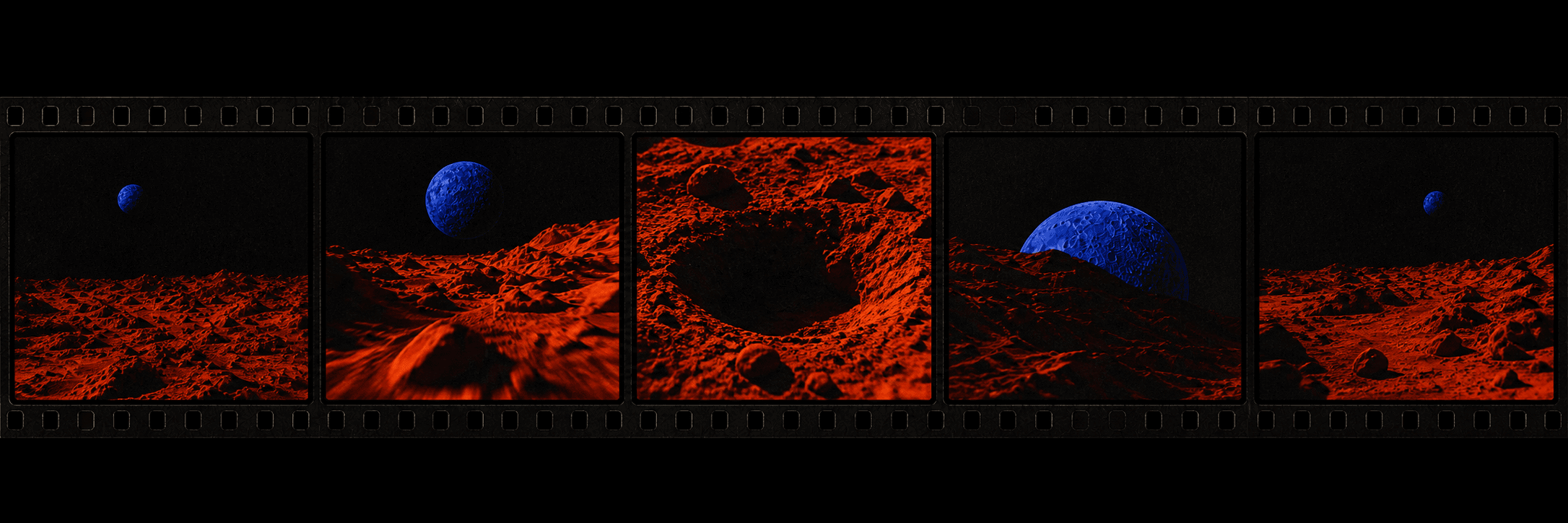 Five consecutive film shots moving through the cobalt moon and vermilion terrain world.